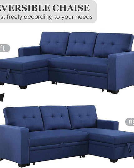 L Shape Sleeper Sofa Bed with Storage, Large Full Size Pull Out Sectional Couch, Futon Chaise Lounge Recliner for Living Room, Apartment, Bedroom, Office, Blue - LeafyLoom