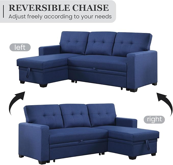 L Shape Sleeper Sofa Bed with Storage, Large Full Size Pull Out Sectional Couch, Futon Chaise Lounge Recliner for Living Room, Apartment, Bedroom, Office, Blue - LeafyLoom