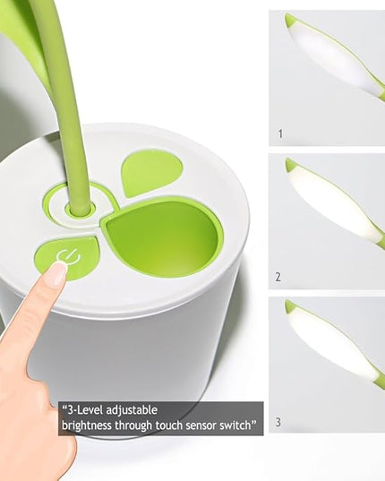 Flexible USB Touch Desk Lamp, Flexible Neck LED Desk Lamp 3 Level of Brightness Sapling Pot with Plant Pencil Holder for Office Study Reading (Dark Green) - LeafyLoom