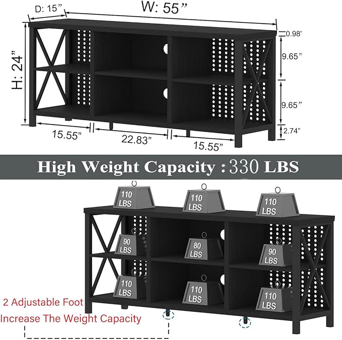 LVB Black Entertainment Center, Modern Wood Metal TV Stand for 65 Inch TV, Industrial Television Stands with Cabinet Storage, Farmhouse Media Console Tables for Home Living Bedroom, Black Oak, 55 Inch - LeafyLoom