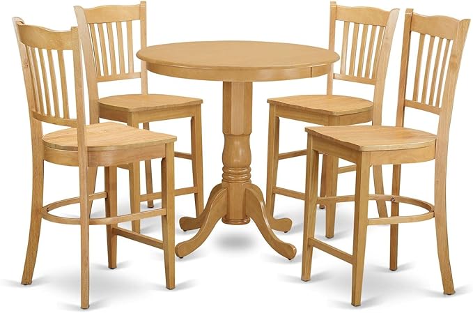 East West Furniture JAGR5-OAK-W 5 Piece Counter Height Dining Table Set Includes a Round Kitchen Table with Pedestal and 4 Dining Chairs, 36x36 Inch, Oak - LeafyLoom