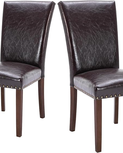 COLAMY Upholstered Parsons Dining Chairs Set of 2, PU Leather Dining Room Kitchen Side Chair with Nailhead Trim and Wood Legs - Dark Brown - LeafyLoom