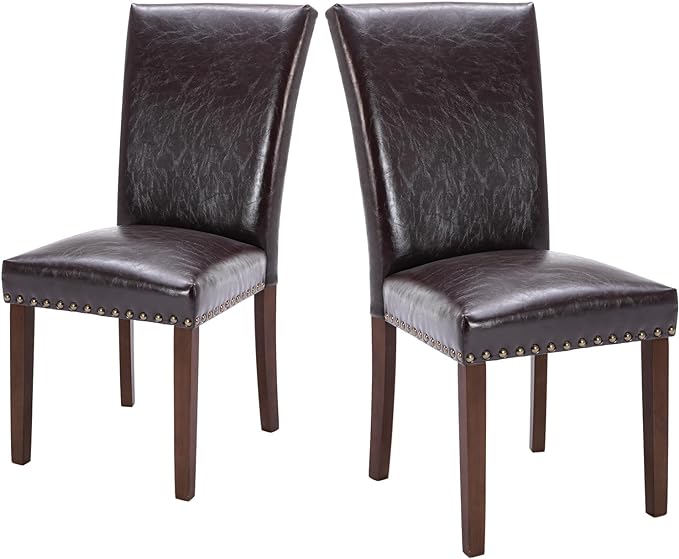 COLAMY Upholstered Parsons Dining Chairs Set of 2, PU Leather Dining Room Kitchen Side Chair with Nailhead Trim and Wood Legs - Dark Brown - LeafyLoom