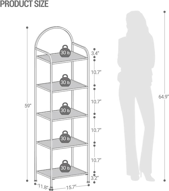 Bookcase Bookshelf, Tempered Glass Bookshelves, Slim Shelving Unit for Bedroom, Bathroom, Home Office, Steel Frame, 5 Tier Gold BC05001G - LeafyLoom