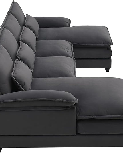 U Shaped Modular Sectional Sofa with Double Chaise Lounge, Chenille Upholstered Symmetrical Cloud Couch with Solid Wood Legs and Waist Pillows, 6 Seater Large Sofa&Couch for Living Room Office - LeafyLoom