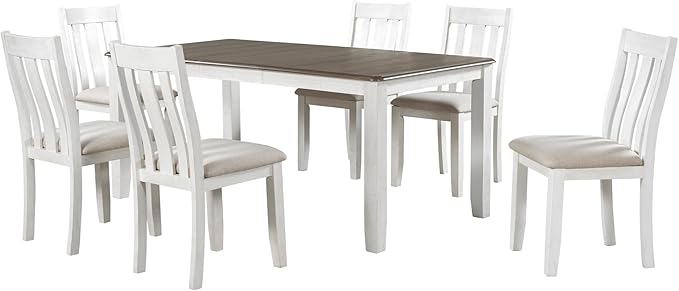 Retro Style 7-Piece Dining Set with Solid Wood Extendable Table and 6 Upholstered Chairs, for Kitchen, Living Room, Home Bar, Easy to Assemble, Brown+White - LeafyLoom