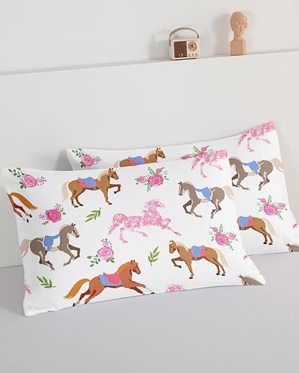 HOSIMA Kawaii Pink Rose Horse King Size Comforter Set,Cute Animal Horse Bedding Girls Teens Aesthetic Room Decor,Princess Toddler Bedding Set Cowboy Cowgirl Colorful Pony Comforter. - LeafyLoom