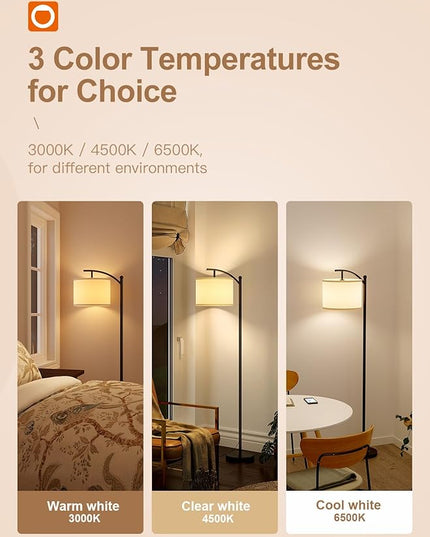addlon Floor Lamp for Living Room with 3 Color Temperatures, Standing lamp with Linen lampshade for Bedroom, Office, Lamps with 9W LED Bulb Included - Black with Cream Lampshade - LeafyLoom