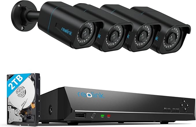 REOLINK 4K Security Camera System, 4pcs H.265 PoE Security Cameras Wired with Person Vehicle Detection, 8MP/4K 8CH NVR with 2TB HDD for 24-7 Recording, RLK8-800B4 Black REOLINK
