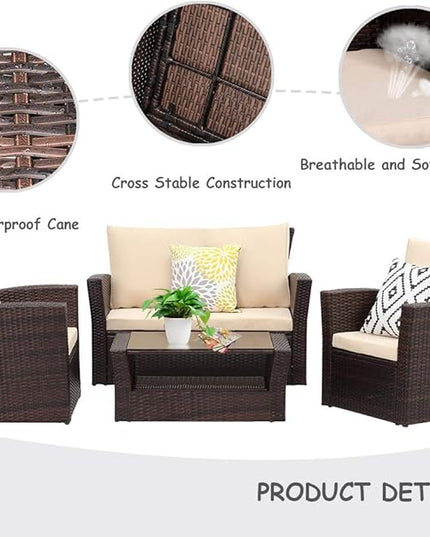 FDW Sectional Sofa Rattan Chair Wicker Conversation Set Outdoor Backyard Porch Poolside Balcony Garden Furniture with Coffee Table, Brown - LeafyLoom