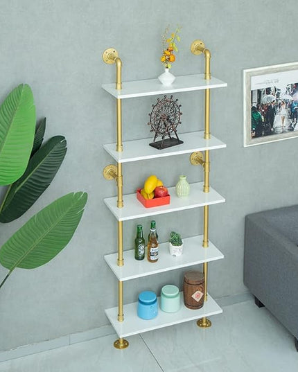5 shelf Modern Gold Bookshelf, Wall Mount White Bookcase, Ladder Shelf with Metal Frame, Display Shelf Shelves for Living Room/Home/Office - LeafyLoom