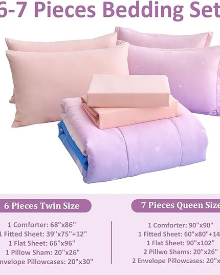 Dinjoy Girls Comforter Set Full Size Colorful Rainbow Ombre Pink Blue Bedding Set Gradient 7 Pieces Bed in A Bag for Kids Teen Girl Women(1 Comforter, 1 Flat Sheet, 1 Fitted Sheet) - LeafyLoom