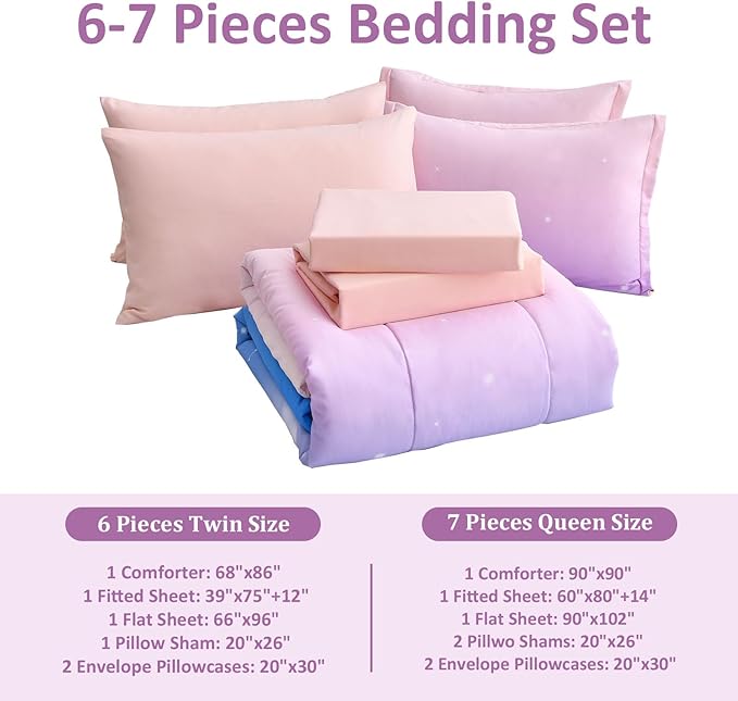 Dinjoy Girls Comforter Set Twin Size Colorful Rainbow Ombre Pink Blue Bedding Set Gradient 6 Pieces Bed in A Bag for Kids Teen Girl Women(1 Comforter, 1 Flat Sheet, 1 Fitted Sheet) - LeafyLoom