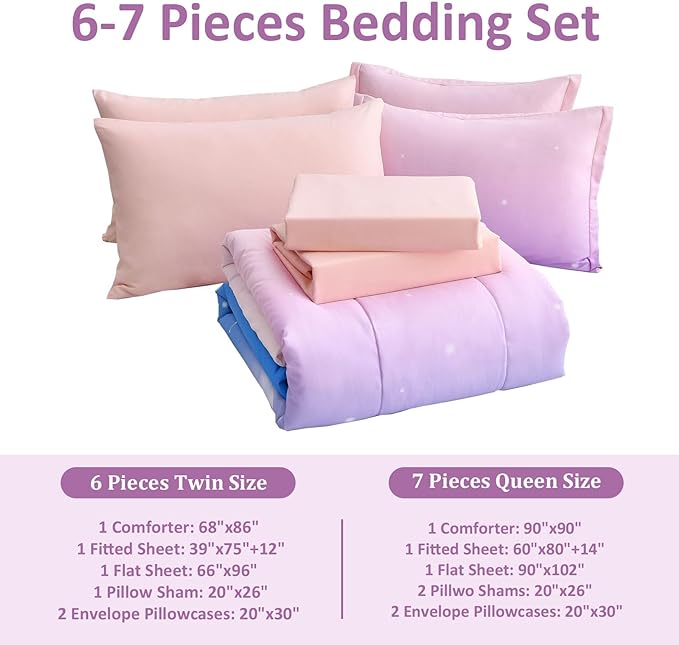 Dinjoy Girls Comforter Set King Size Colorful Rainbow Ombre Pink Blue Bedding Set Gradient 6 Pieces Bed in A Bag for Kids Teen Girl Women(1 Comforter, 1 Flat Sheet, 1 Fitted Sheet) - LeafyLoom