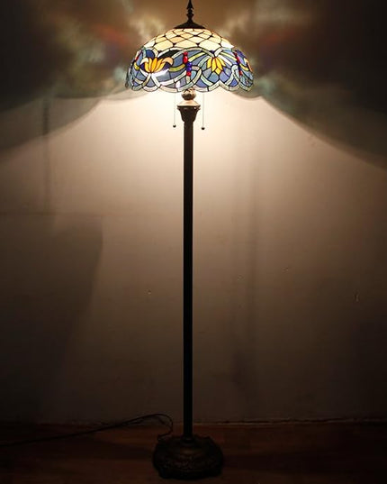 WERFACTORY Tiffany Floor Lamp Blue Lotus Stained Glass Flower Standing Reading Light 16X16X64 Inches Antique Pole Corner Lamp Decor Bedroom Living Room Home Office S220 Series - LeafyLoom