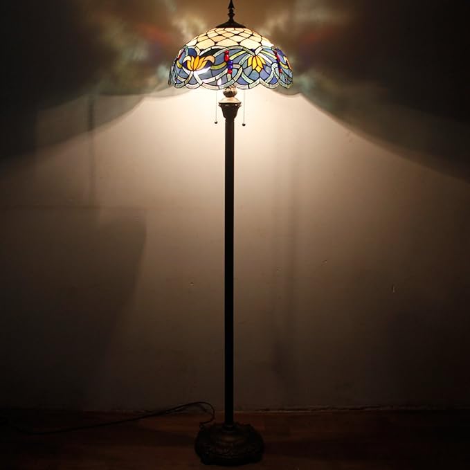 WERFACTORY Tiffany Floor Lamp Blue Lotus Stained Glass Flower Standing Reading Light 16X16X64 Inches Antique Pole Corner Lamp Decor Bedroom Living Room Home Office S220 Series - LeafyLoom