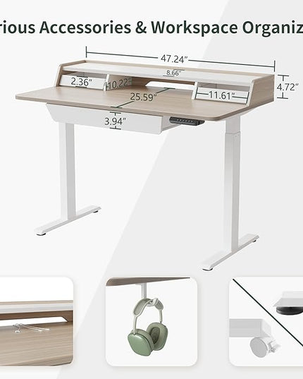 FEZIBO Standing Desk with Drawers, 48 x 25 Inch Adjustable Height Stand Up Desk with Storage Shelf, Home Office Desk with Monitor Stand, Light Walnut - LeafyLoom