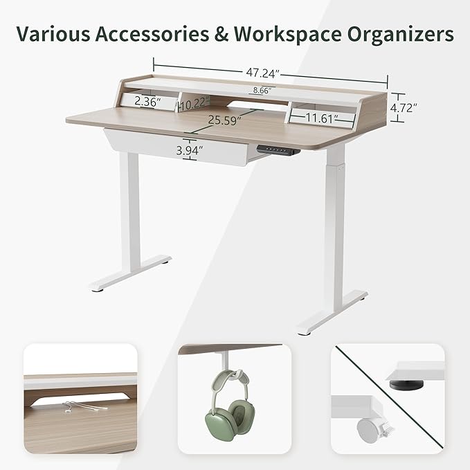 FEZIBO Standing Desk with Drawers, 48 x 25 Inch Adjustable Height Stand Up Desk with Storage Shelf, Home Office Desk with Monitor Stand, Light Walnut - LeafyLoom