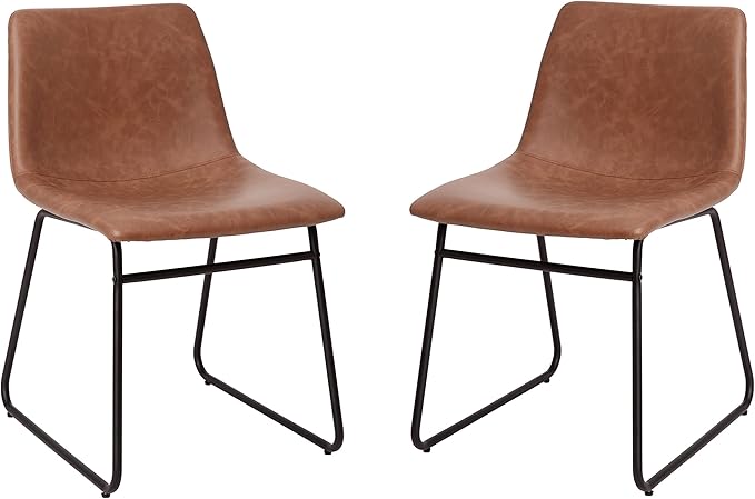 Flash Furniture Butler 18 Inch Commercial Grade LeatherSoft Dining Table Height Chair, Mid-Back Black Sled Base with Light Brown LeatherSoft Upholstery, Set of 2 - LeafyLoom