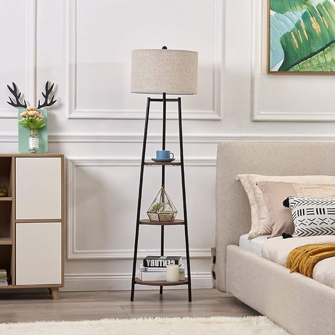 Floor Lamp, Standing Reading Light with Shelves and Fabric Shade, Modern Tall Pole Lamp, Accent Furniture Décor Lighting for Living Room, Bedrooms Black - LeafyLoom