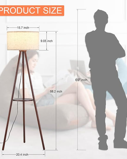 Wood Tripod Floor Lamp for Living Room,Linen Shade Mid Century Wooden Shelf Floor lamp for Bedroom,with Three Color temparature Bulb Included,ETL Listed/Dark Brown Wood Color - LeafyLoom