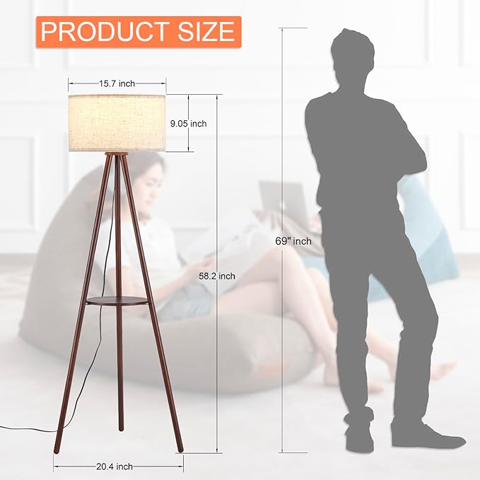 Wood Tripod Floor Lamp for Living Room,Linen Shade Mid Century Wooden Shelf Floor lamp for Bedroom,with Three Color temparature Bulb Included,ETL Listed/Dark Brown Wood Color - LeafyLoom