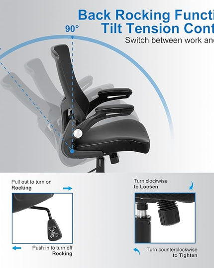 Office Chair Ergonomic Desk Chair, Computer PU Leather Home Office Chair, Swivel Mesh Back Adjustable Lumbar Support Flip-up Arms Executive Task Chair - LeafyLoom
