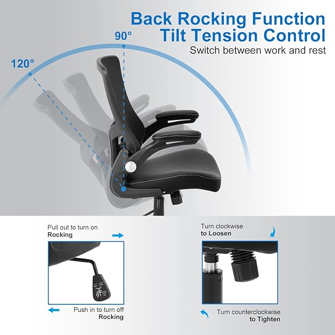 Office Chair Ergonomic Desk Chair, Computer PU Leather Home Office Chair, Swivel Mesh Back Adjustable Lumbar Support Flip-up Arms Executive Task Chair - LeafyLoom