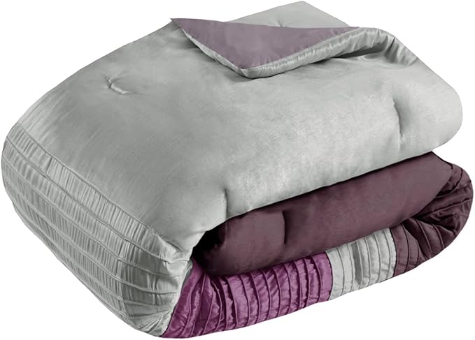 Madison Park Amherst Faux Silk Comforter Set-Casual Contemporary Design All Season Down Alternative Bedding, Matching Shams, Bedskirt, Decorative Pillows, King(104"x92"), Purple, 7 Piece (MP10-127) - LeafyLoom