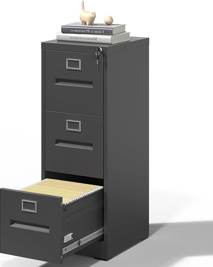 3 Drawer File Cabinet,Metal Filing Cabinets with Lock,Black Vertical File Cabinet for Home Office,Heavy Duty Metal Storage Cabinet for A4/Letter/Legal Size File,Assembly Required - LeafyLoom