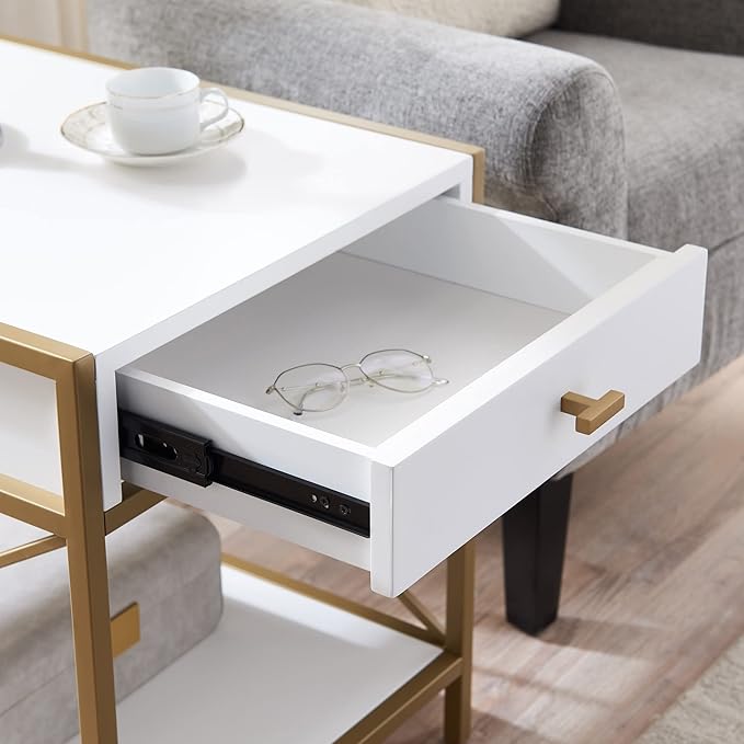 Leick Home 9206-WTGL Claudette One Drawer Mixed Metal and Wood Side Table with Shelf, White/gold - LeafyLoom