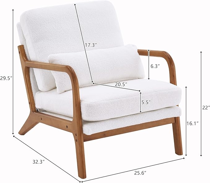 Bonnlo Teddy Fleece White Mid Century Modern Accent Chair, Soild Wood Padding Lounge Armchairs Side Sitting Chairs for Living Room, Bedroom, Guest Room - LeafyLoom