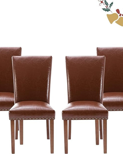 Parsons Dining Chairs Set of 4, Upholstered Nailhead PU Leather Dining Room Kitchen Side Chair with Thick Cushions and Wood Legs, Light Brown - LeafyLoom