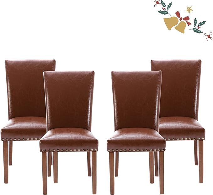 Parsons Dining Chairs Set of 4, Upholstered Nailhead PU Leather Dining Room Kitchen Side Chair with Thick Cushions and Wood Legs, Light Brown - LeafyLoom