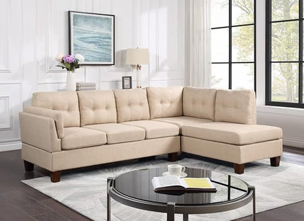 LOVMOR Living Room L-Shape Sectional Sofa with Right Facing Chaise, Linen Upholstered Reversible Corner Couch for Home, Small Space, Apartment, Beige, 97 Inch - LeafyLoom