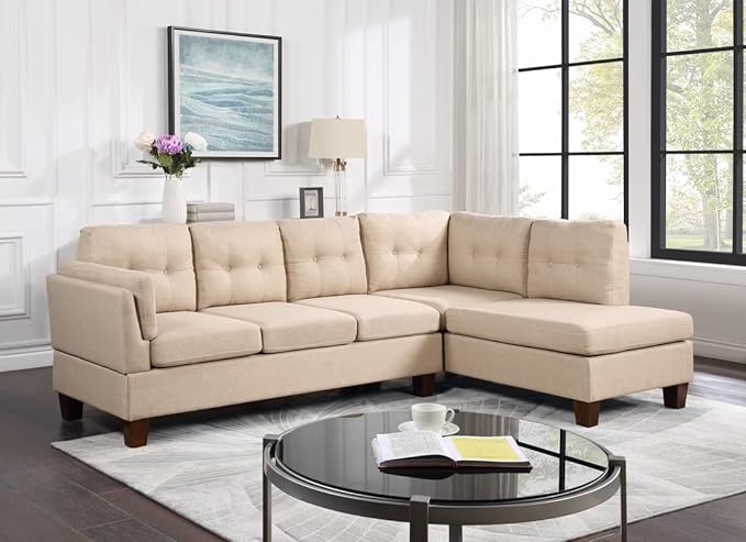 LOVMOR Living Room L-Shape Sectional Sofa with Right Facing Chaise, Linen Upholstered Reversible Corner Couch for Home, Small Space, Apartment, Beige, 97 Inch - LeafyLoom