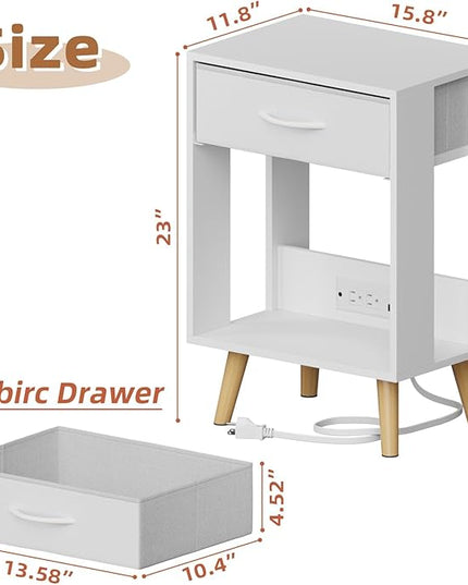 Nightstands Set of 2 with Charging Station and Fabric Drawer, Side Table with Storage for Bedroom, Night Stand with Open Wood Shelf for Bedroom, Bedside Tables - White - LeafyLoom
