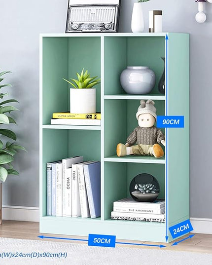 IOTXY Open Shelf Low Bookcase - Wooden 3-Tier Floor Standing Display Cabinet Organizer with Base, 5 Cubes Short Horizontal Bookshelf in Tiffany-Green - LeafyLoom