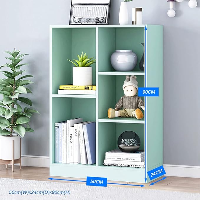 IOTXY Open Shelf Low Bookcase - Wooden 3-Tier Floor Standing Display Cabinet Organizer with Base, 5 Cubes Short Horizontal Bookshelf in Tiffany-Green - LeafyLoom