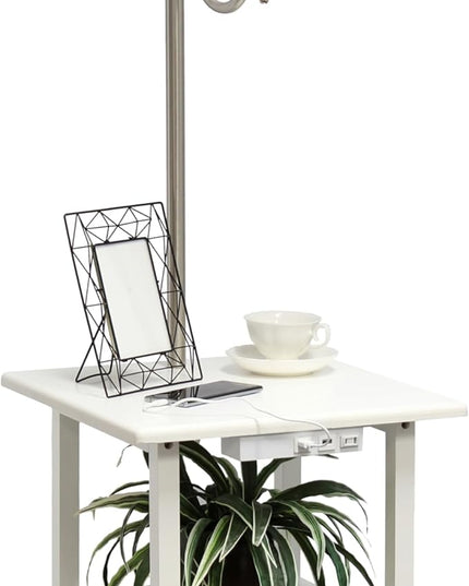 Simple Designs LF2016-WHT 57" Modern 2 Tier End Table Floor Lamp Combination with 2 x USB Charging Ports & Power Outlet with White Drum Fabric Shade for Bedroom, Living Room, Office, White - LeafyLoom