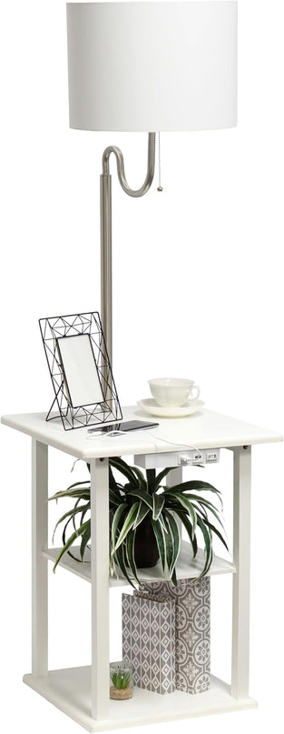 Simple Designs LF2016-WHT 57" Modern 2 Tier End Table Floor Lamp Combination with 2 x USB Charging Ports & Power Outlet with White Drum Fabric Shade for Bedroom, Living Room, Office, White - LeafyLoom