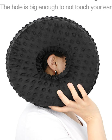 Washable Ear Piercing Pillow with Removable Pillowcase Donut Pillows Hole for Ear Pain Relief CNH Sleeping Pressure Sore Side Sleepers Ear Guard Protector Cover (Minky Dot Black) - LeafyLoom