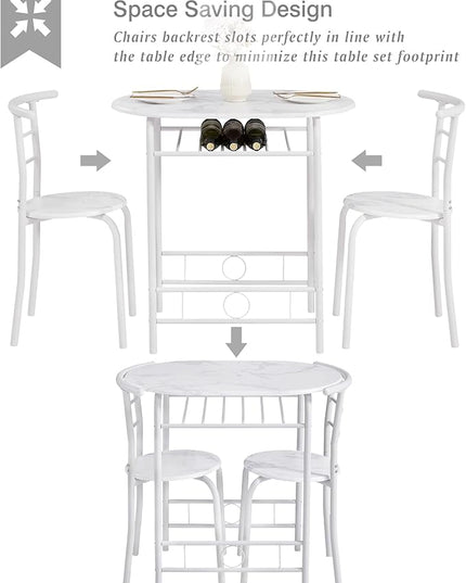VECELO 3-Piece Dining Table Set for Kitchen Breakfast Nook, Faux Marbled Oval Tabletop and Metal Frame with Built-in Wine Rack, for Small Spaces, 31.5", White - LeafyLoom