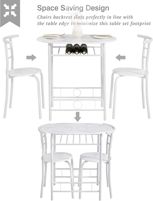 VECELO 3-Piece Dining Table Set for Kitchen Breakfast Nook, Faux Marbled Oval Tabletop and Metal Frame with Built-in Wine Rack, for Small Spaces, 31.5", White - LeafyLoom