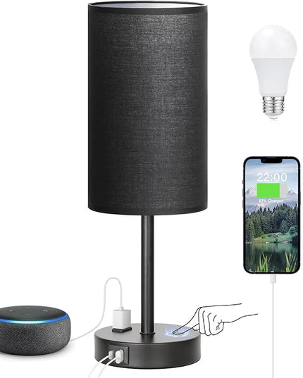 Touch Nightstand Lamp - Black, 3-Way Dimmable, USB A + C Charging, AC Outlet, 17.4inch Medium - LeafyLoom