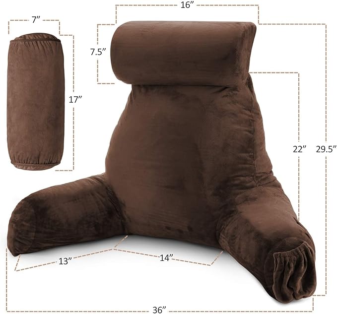 Nestl Reading Pillow with Portable Laptop Lap Desk, Velvet Feel Back Pillow for Sitting in Bed, Shredded Memory Foam Back Support Pillow for Bed, Bed Rest Pillow with Arms, Large - Brown - LeafyLoom