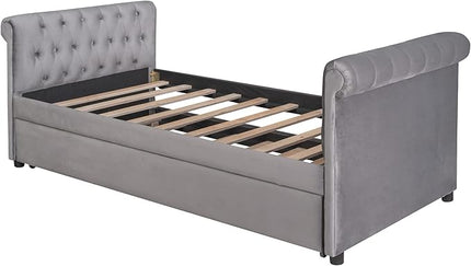 Twin Size Daybed with Trundle,Upholstered Sofa Bed W/Button & Nailhead Tufted Design Curved Armrests,Wood Slats Support,Bedframe for Bedroom Livingroom Small Space,No Box Spring Needed,Gray - LeafyLoom
