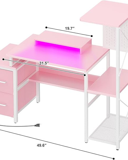 Small Gaming Desk with 2 Fabric Drawers - Reversible Computer Desk with Power Outlet & LED Lights, 49" Office Desk with Monitor Stand & Storage Shelves, Writing Study Table with Pegboard, Pink - LeafyLoom
