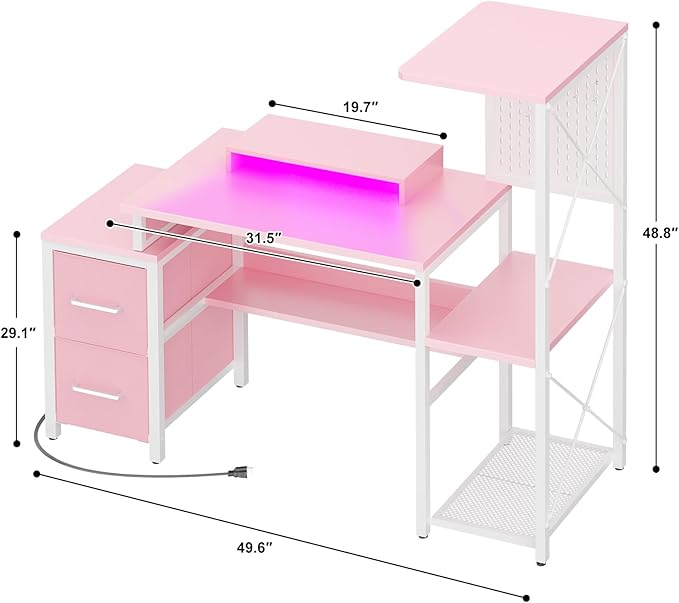 Small Gaming Desk with 2 Fabric Drawers - Reversible Computer Desk with Power Outlet & LED Lights, 49" Office Desk with Monitor Stand & Storage Shelves, Writing Study Table with Pegboard, Pink - LeafyLoom