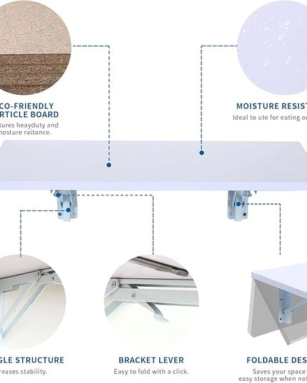 Medium White Folding Wall Desk, 23.6 x 15.8inch, Floating Desk for Small Space, Sturdy Wood, Easy Assembly, Ideal for Home & Commercial Use - LeafyLoom